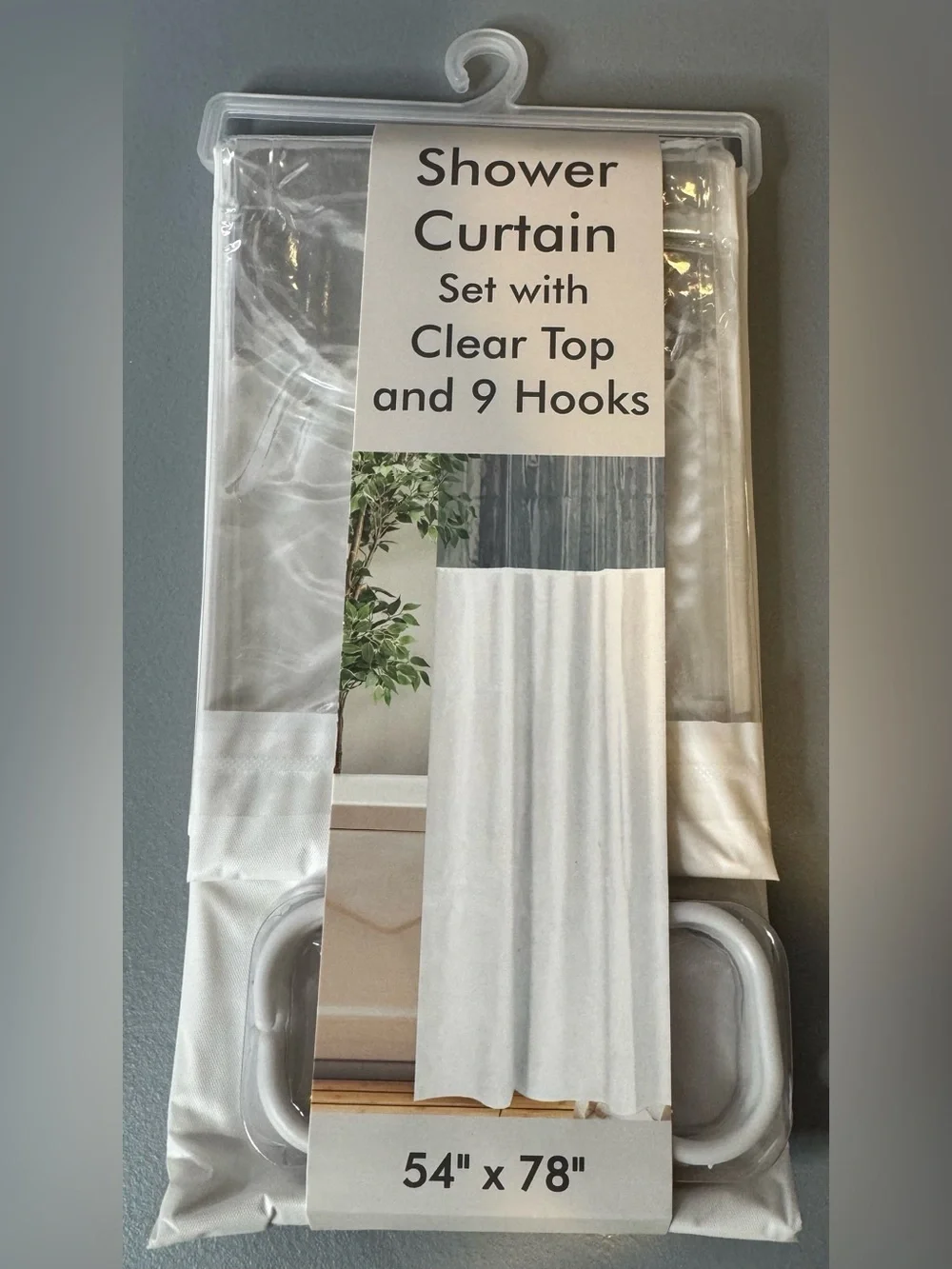 Shower Curtain Set with Clear Top and 9 Hooks White transparent bundle bathroom